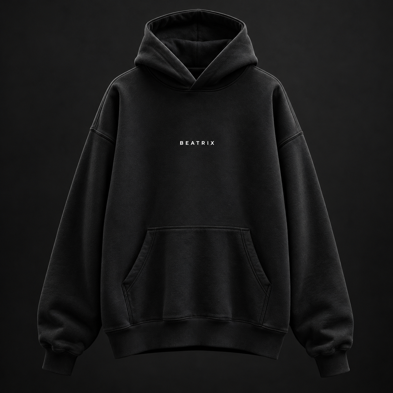 Black oversized BEATRIX hoodie, front view